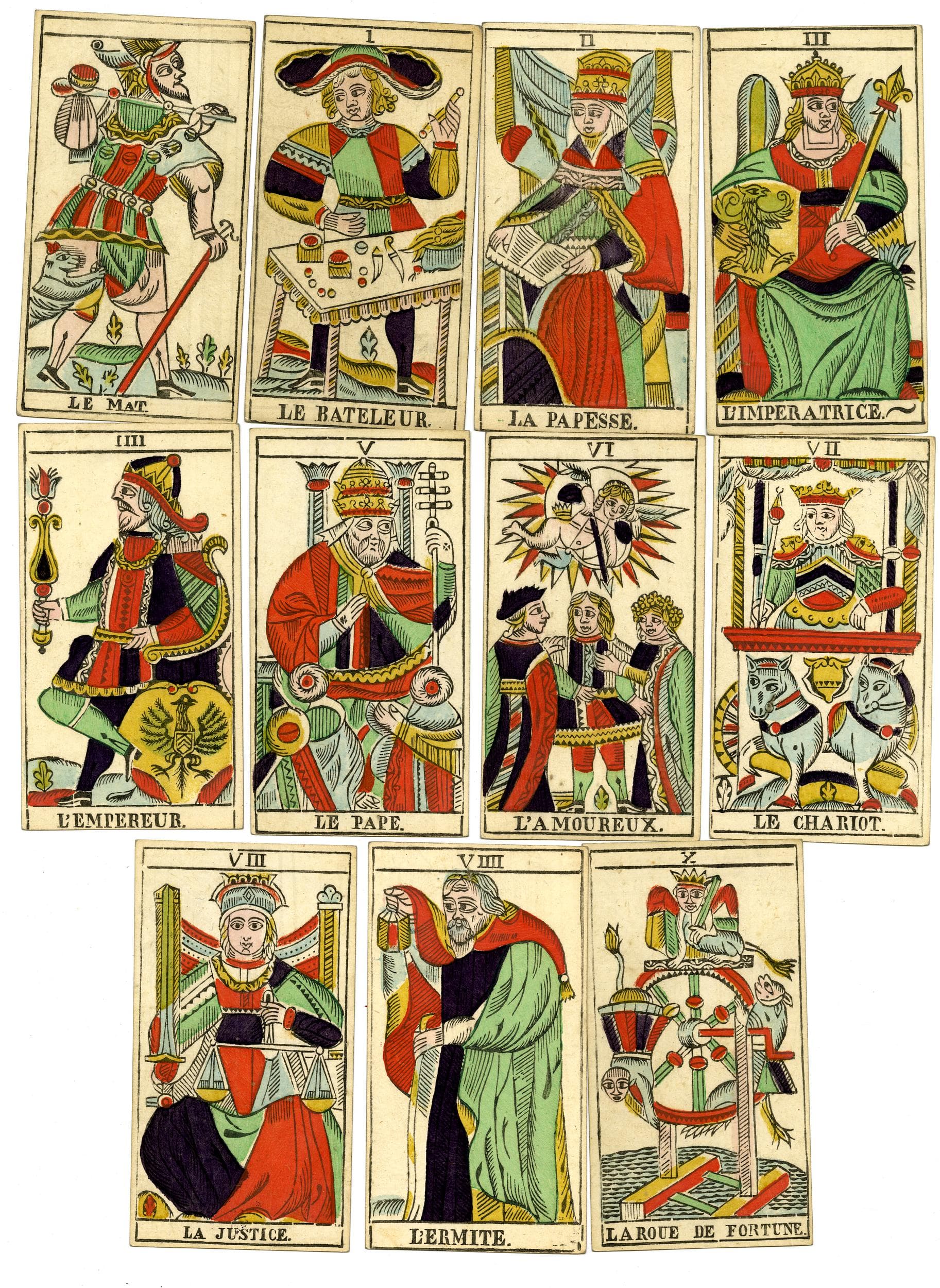 An uncut sheet of a Tarot de Marseille deck, 19th century, British Museum